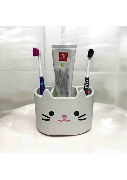 Hello Kitty Tarzı Kedi Figürlü Diş Fırçalığı ve Macunluk | Sevimli 3D Baskı Banyo Düzenleyici Organizer