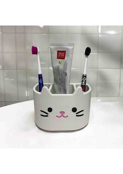 Hello Kitty Tarzı Kedi Figürlü Diş Fırçalığı ve Macunluk | Sevimli 3D Baskı Banyo Düzenleyici Organizer fiyatları