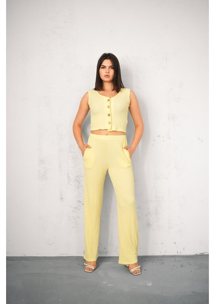 Kadın Gofre Takım Yelekli - Yelek ve Pantolon - Yazlık Takım