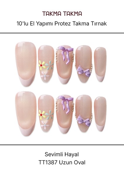 10'lu Pembe Uzun Oval TT1387 Tekrar Kullanılabilir El Yapımı Protez Takma Tırnak - Pembe-XS
