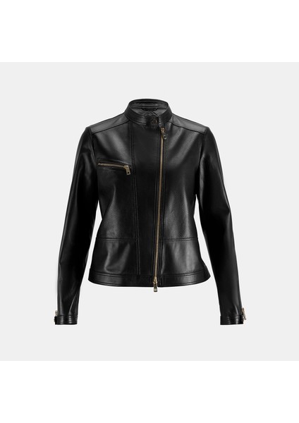 Kadın Siyah Perfore Detaylı Deri Ceket fiyatları