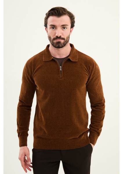 Düz Slim Fit Fermuarlı Polo Yaka Şönil Kumaş Erkek Triko