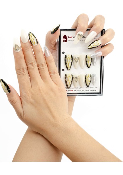 10'lu Renkli Uzun Badem TT0712 Tekrar Kullanılabilir El Yapımı Protez Takma Tırnak - Renkli-L