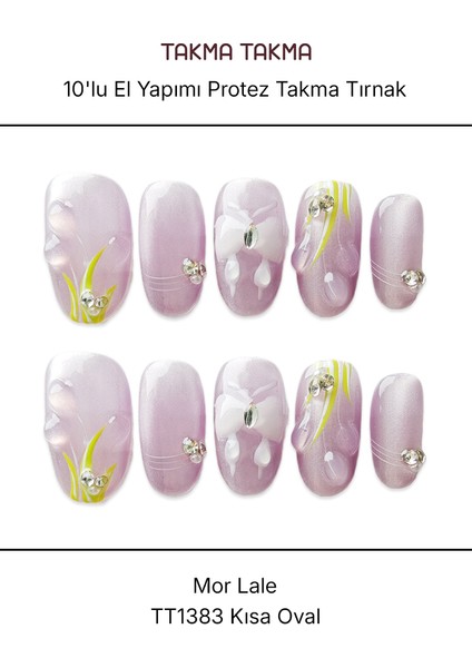 10'lu Mor Kısa Oval TT1383 Tekrar Kullanılabilir El Yapımı Protez Takma Tırnak - Mor-XS