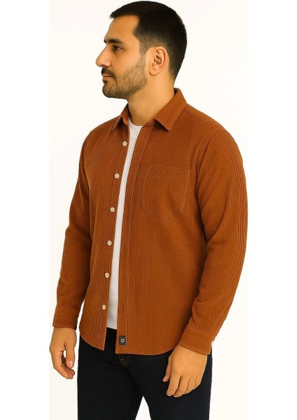 Erkek Fitilli Kadife Cepli Gömlek Oversize Rahat Kalıp - Kahverengi