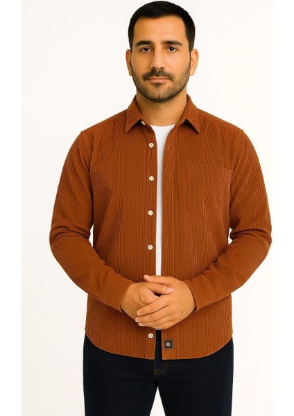 Erkek Fitilli Kadife Cepli Gömlek Oversize Rahat Kalıp - Kahverengi fiyatları