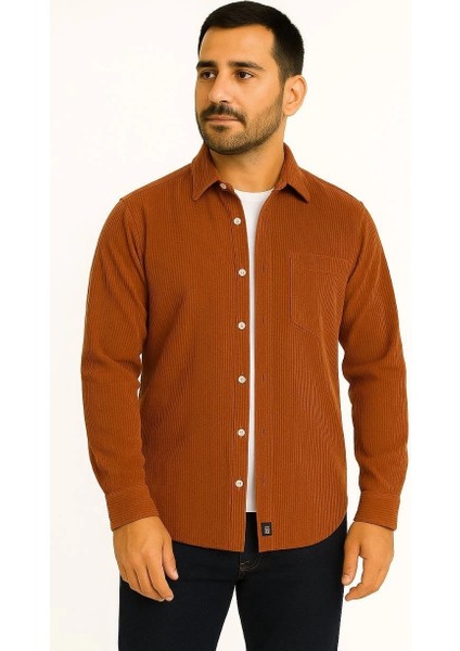 Erkek Fitilli Kadife Cepli Gömlek Oversize Rahat Kalıp - Kahverengi modelleri