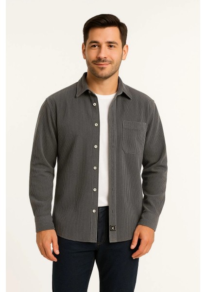 Erkek Fitilli Kadife Cepli Gömlek Oversize Rahat Kalıp - Füme