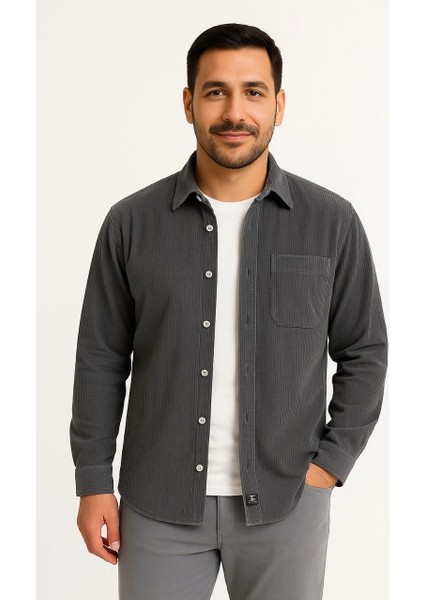 Erkek Fitilli Kadife Cepli Gömlek Oversize Rahat Kalıp - Füme modelleri