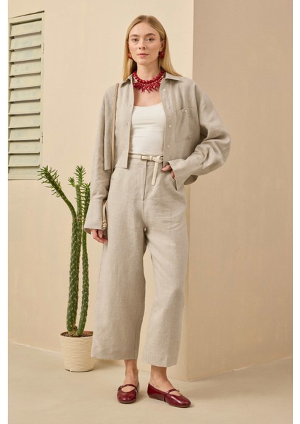 Midi Keten Pantolon Sedef