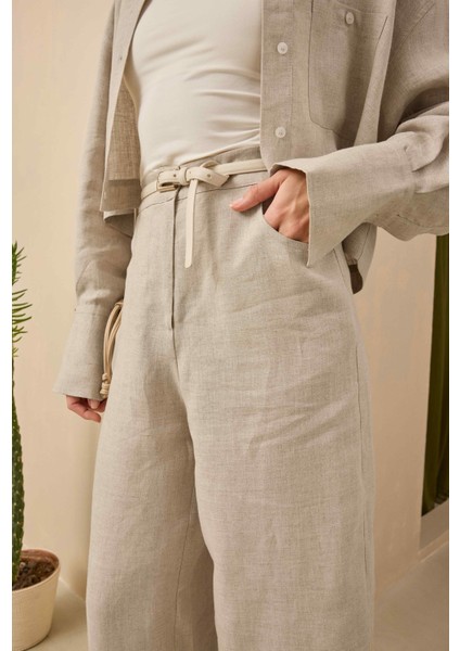 Midi Keten Pantolon Sedef