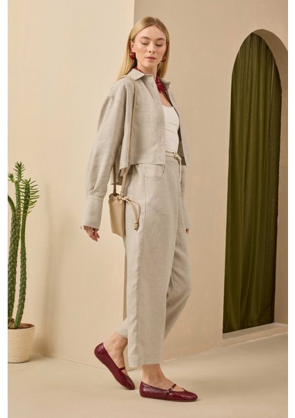 Midi Keten Pantolon Sedef