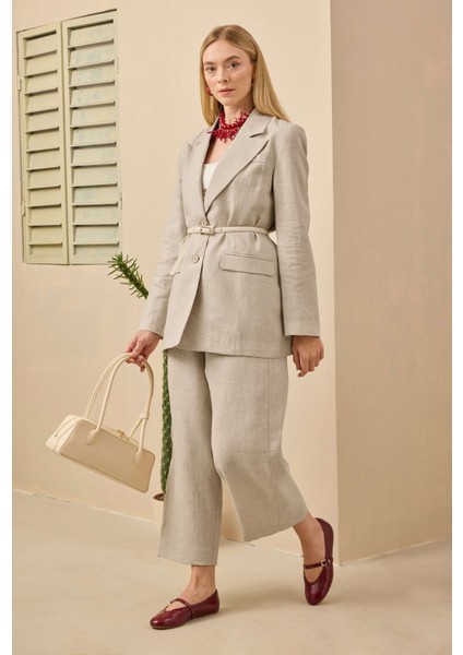 Midi Keten Pantolon Sedef