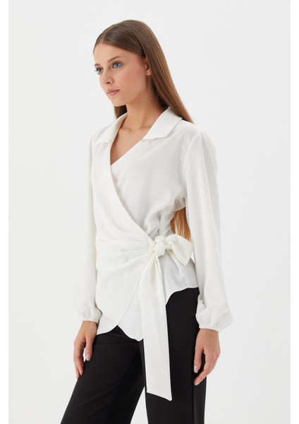 Yanı Bağlamalı Saten Bluz Ekru fiyatları