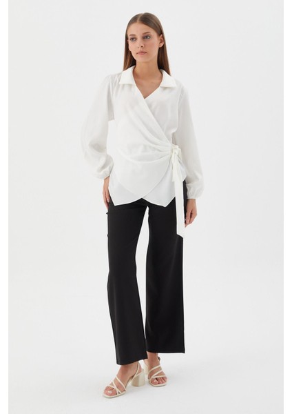 Yanı Bağlamalı Saten Bluz Ekru modelleri