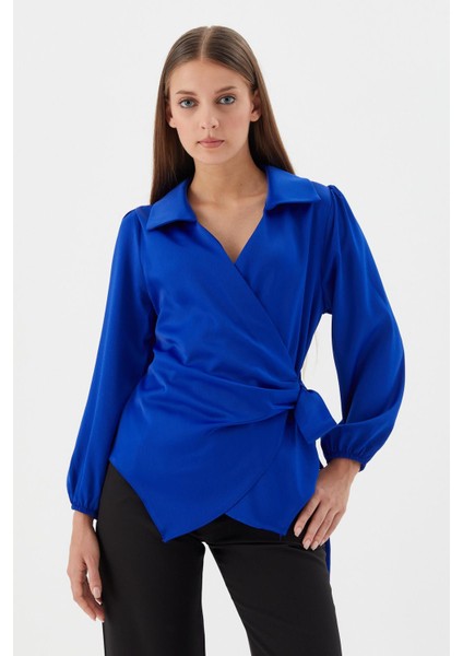 Yanı Bağlamalı Saten Bluz Saks
