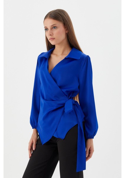 Yanı Bağlamalı Saten Bluz Saks modelleri