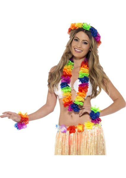 Rengarenk Hawaii Kolye Taç Bileklik Seti 4 Parça (5067)