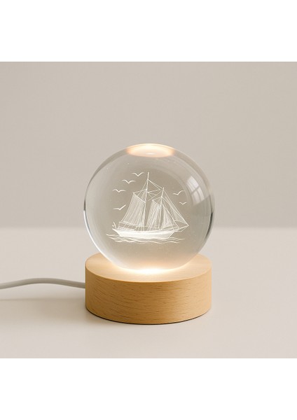 Gemi Figürlü LED Işıklı USB Bağlantılı Renk Değiştiren 3D Cam Küre Gece Lambası