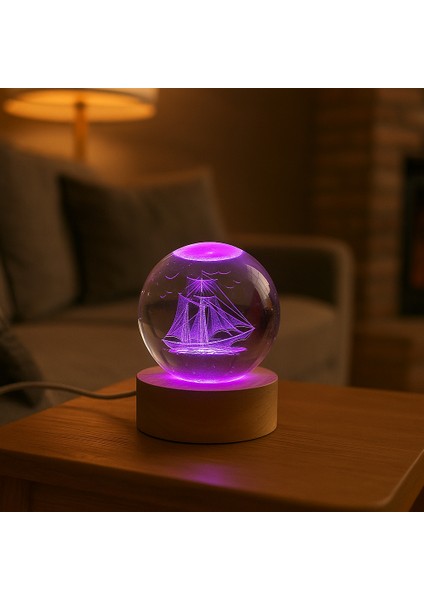 Gemi Figürlü LED Işıklı USB Bağlantılı Renk Değiştiren 3D Cam Küre Gece Lambası indirimleri