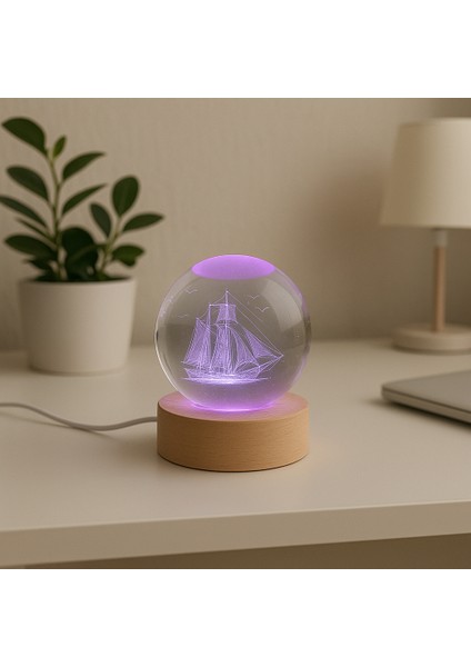 Gemi Figürlü LED Işıklı USB Bağlantılı Renk Değiştiren 3D Cam Küre Gece Lambası