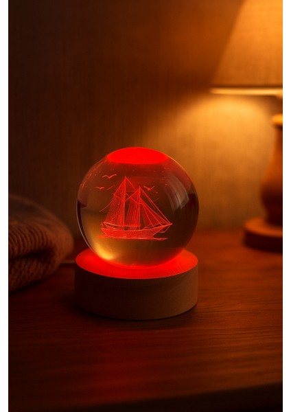 Gemi Figürlü LED Işıklı USB Bağlantılı Renk Değiştiren 3D Cam Küre Gece Lambası