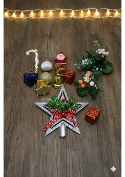 Yılbaşı Gümüş Tepelik 9 Lu Karışık Çam Ağacı Süs 2 Li Set