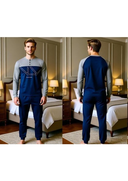 Erkek Pamuklu Gri - Lacivert Renk Pijama Takımı AL008-2