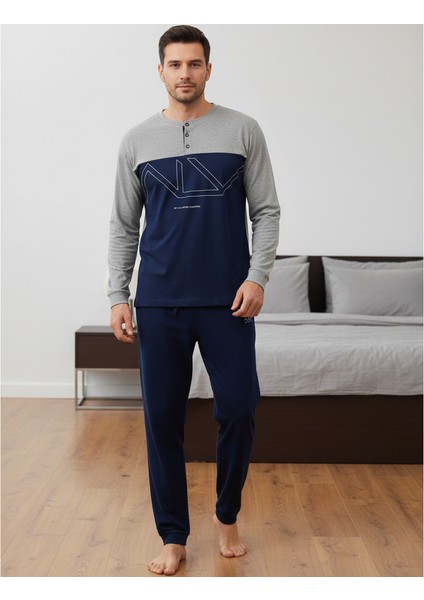 Erkek Pamuklu Gri - Lacivert Renk Pijama Takımı AL008-2 fiyatları