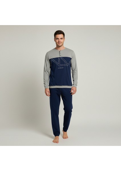 Erkek Pamuklu Gri - Lacivert Renk Pijama Takımı AL008-2 modelleri