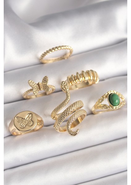 bulurum pirinç gold renk ışlemeli yılan model detay 6'lı kadın yüzük seti