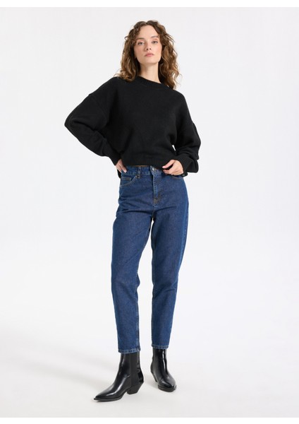 Yüksek Bel Düz Paça Mom Fit Indigo Kadın Denim Pantolon J5WL-PNT7030