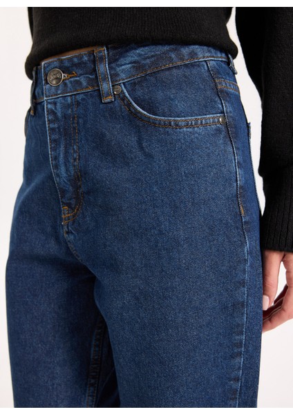 Yüksek Bel Düz Paça Mom Fit Indigo Kadın Denim Pantolon J5WL-PNT7030 fırsatları