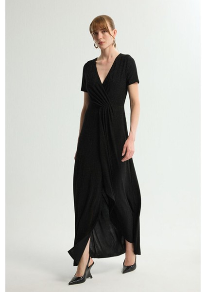 Büzgü Detaylı Kısa Kollu Örme Elbise Siyah 124L9657000