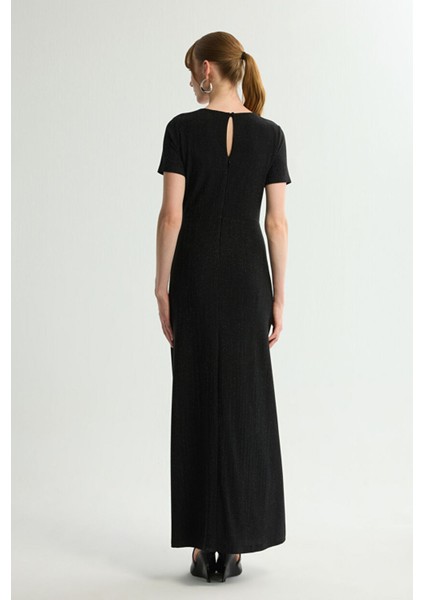 Büzgü Detaylı Kısa Kollu Örme Elbise Siyah 124L9657000