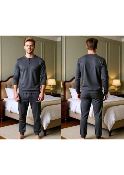 Erkek Pamuklu Koyu Gri Renk Pijama Takımı AL007-2