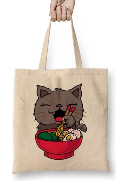 Cute & Funny Anime Kitty Ramen Kawaii Cat Kedi Bez Çanta Uzun Saplı Alışveriş Çantası Plaj Çantası