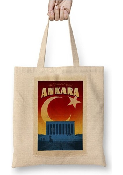 Başkent Ankara ve Anıtkabir Bez Çanta Uzun Saplı Alışveriş Çantası Plaj Çantası