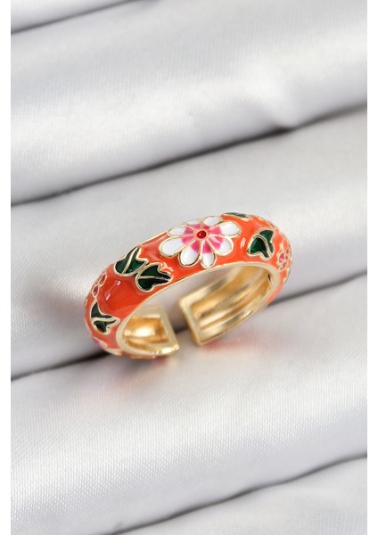 bulurum pirinç turuncu mineli çiçek motifli gold renk ayarlanabilir kadın yüzük