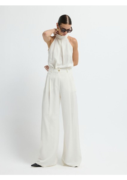 Pileli Geniş Paça Pantolon Kemik 15345748000