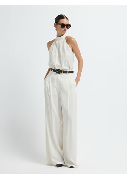 Pileli Geniş Paça Pantolon Kemik 15345748000