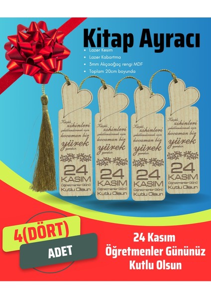 Kitap Ayracı - 24 Kasım Kalpli Ayraç - 4 Adet Kitap Ayracı - Öğretmenler Günü Hediyesi