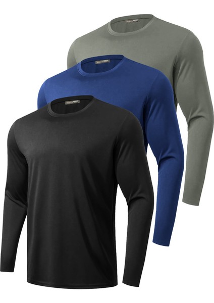 3'lü Paket Erkek %100 Pamuklu Likralı Spor Koşu Günlük Antrenman Uzun Kollu Penye T-Shirt