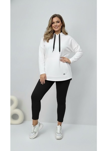 Kadın Büyük Beden Uzun Kollu Kapüşonlu Kanguru Cepli Sweatshirt 2016