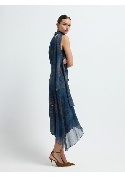 Desenli Şifon Elbise Emp.lacivert 12443403003