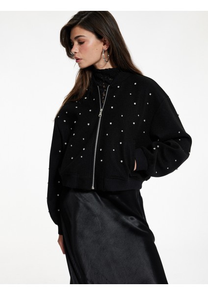 Uzun Kollu Cepli Kolej Yaka Fermuarlı Crop Taşlı Kaşe Bomber Ceket