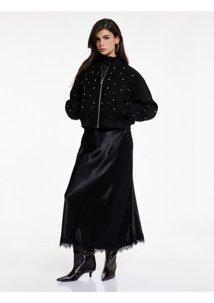 Uzun Kollu Cepli Kolej Yaka Fermuarlı Crop Taşlı Kaşe Bomber Ceket fiyatları