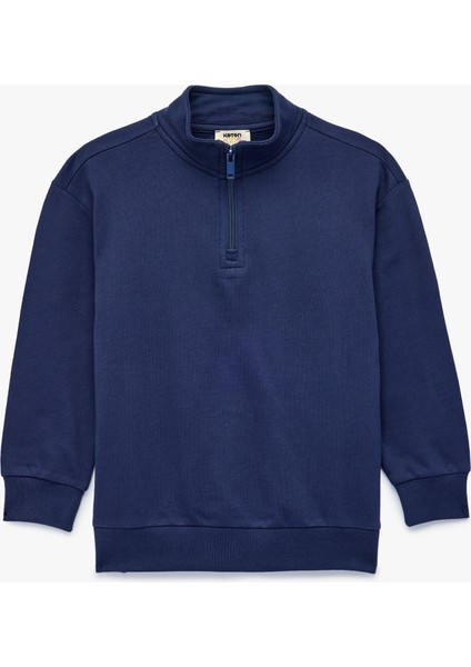 Dik Yaka Uzun Kollu Yarım Fermuarlı Pamuklu Basic Sweatshirt