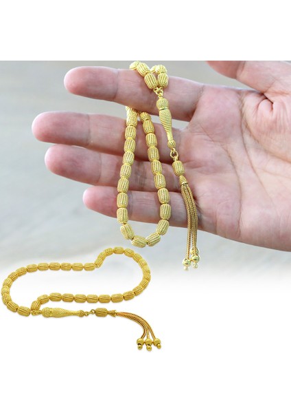 Üçlü Kamçı Top Püsküllü Telkari Tasarım Kapsül Kesim Altın Renk 925 Ayar Gümüş Tesbih fiyatları