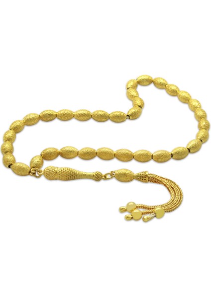 Üçlü Kamçı Püsküllü Greek Tasarım Arpa Kesim Altın Renk 925 Ayar Gümüş Tesbih